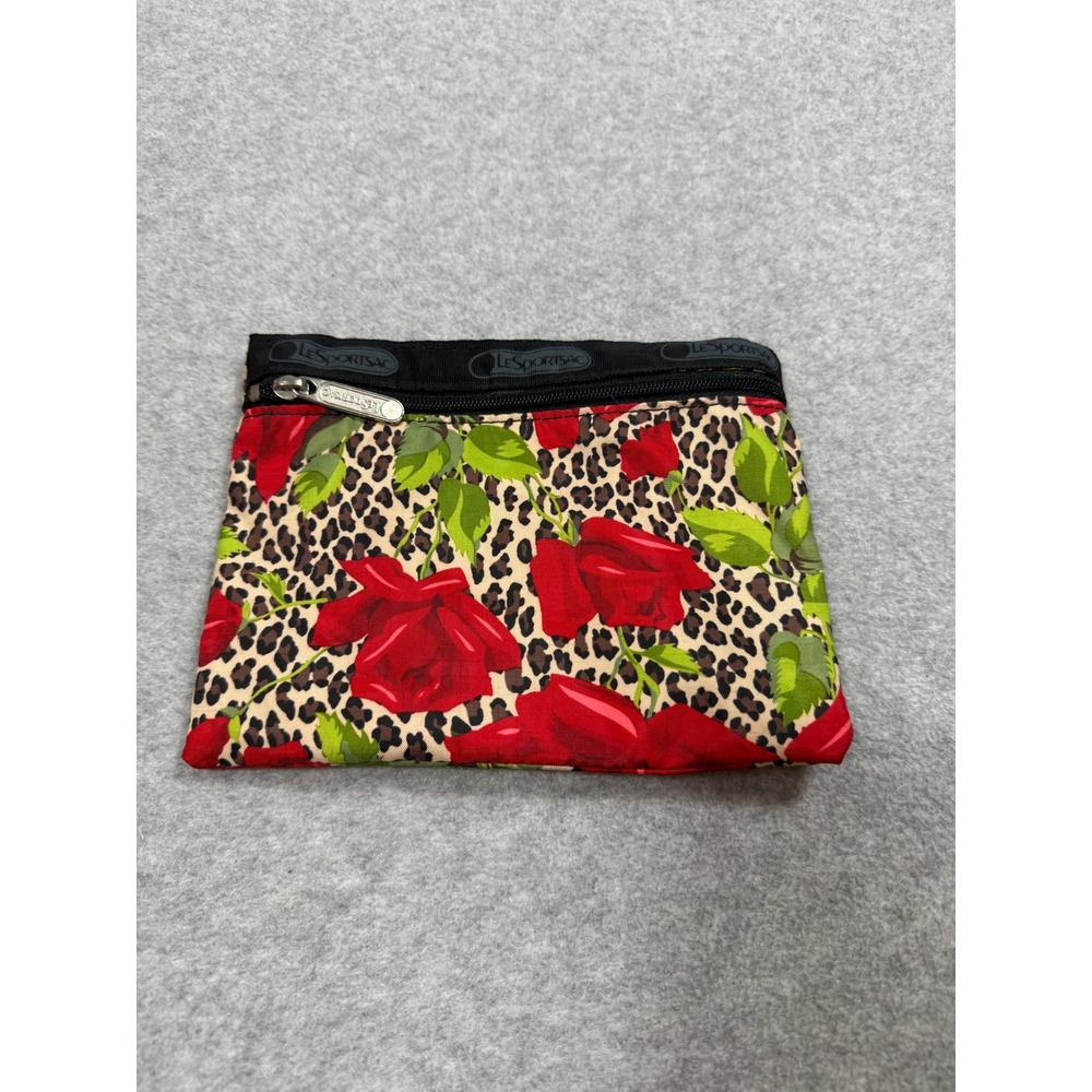 LeSportsac Leopard Rose Print Nylon Zipper Pouch Small Cosmetic Bag Red Floral